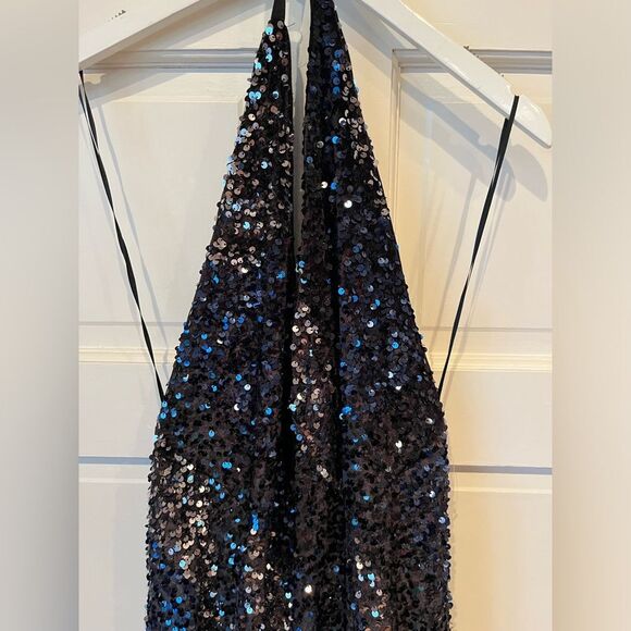NWT Free People Glitter Blue and Black Sequin Velvet Halter Maxi Slit Gown - Picture 4 of 5